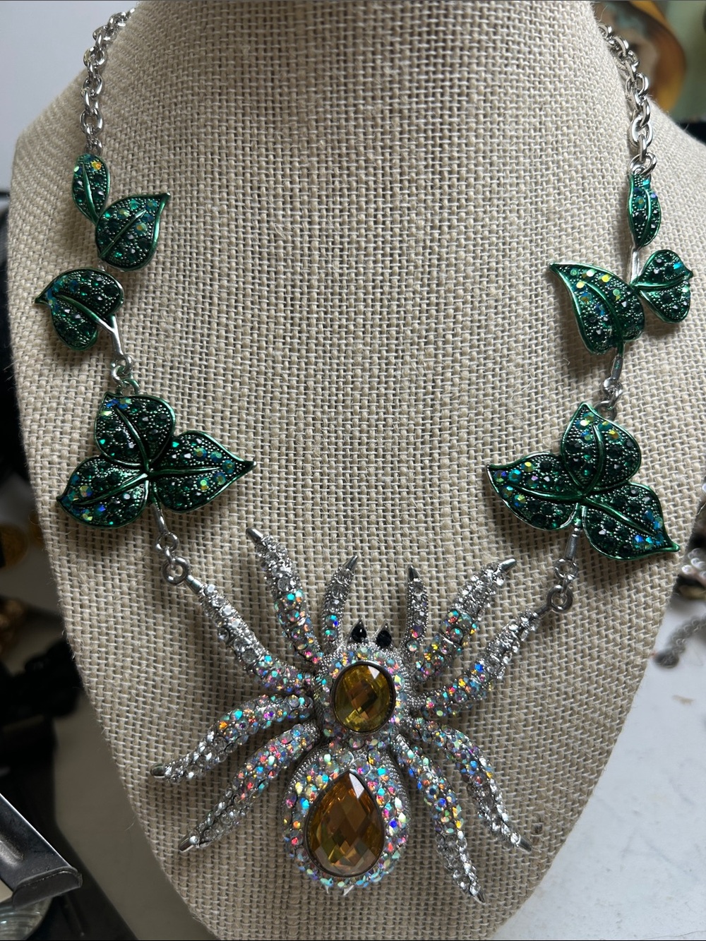 Espider Green Leaf Crystal Statement Necklace